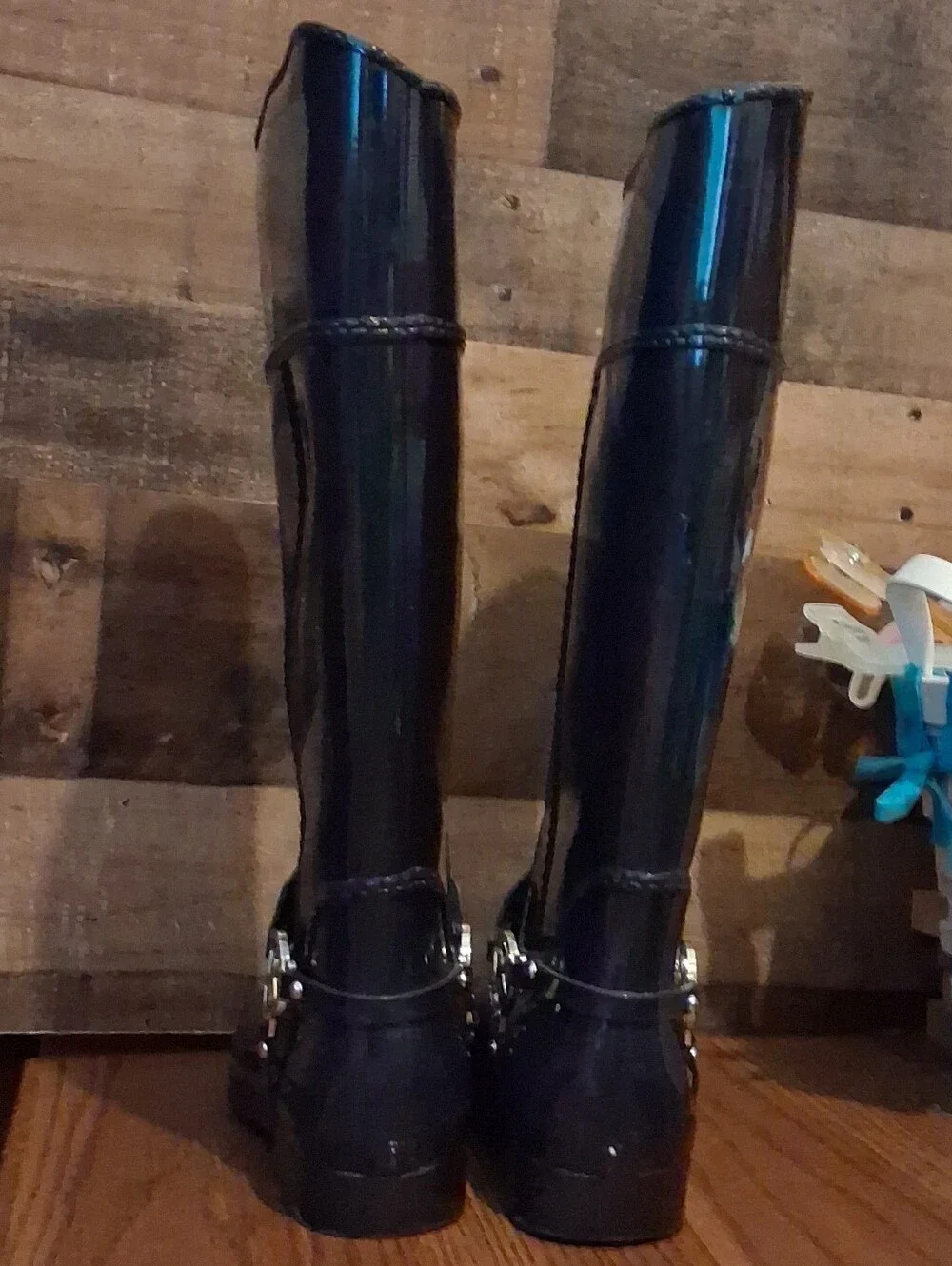Michael Kors Fulton Harness Black Tall Rubber Rain Boots MK Silver Logo Womens 9